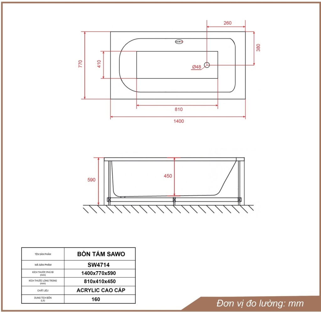 Bản vẽ bồn tắm ngâm acrylic Sawo SW4714