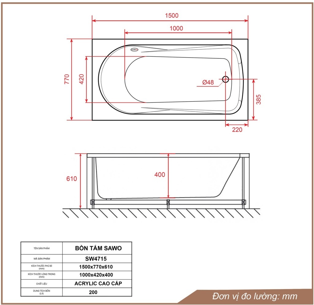 Bản vẽ bồn tắm ngâm acrylic Sawo SW4715