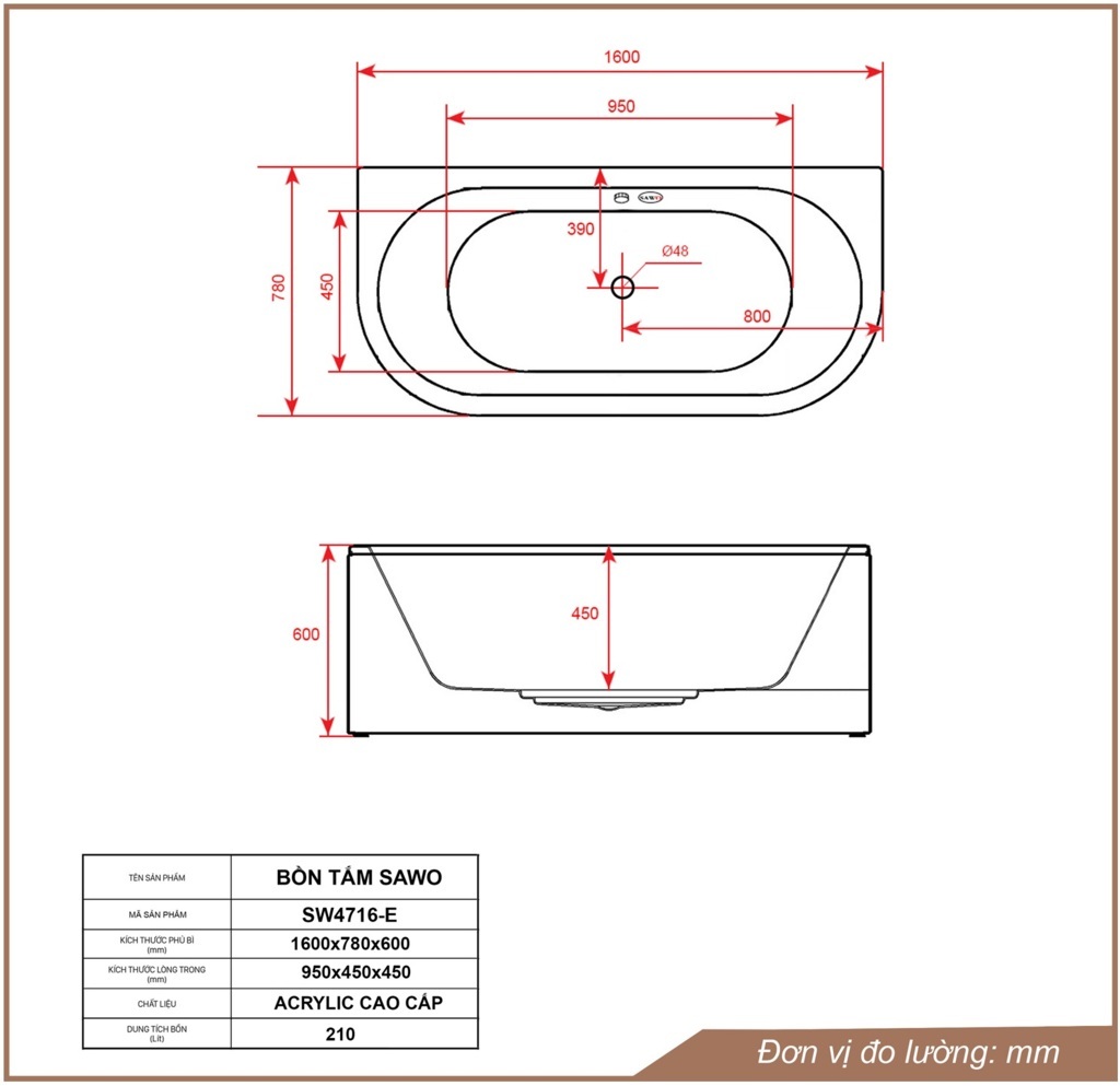 Bản vẽ bồn tắm ngâm acrylic Sawo SW4716-E