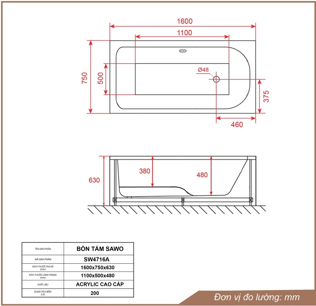 Bản vẽ bồn tắm ngâm acrylic Sawo SW4716A