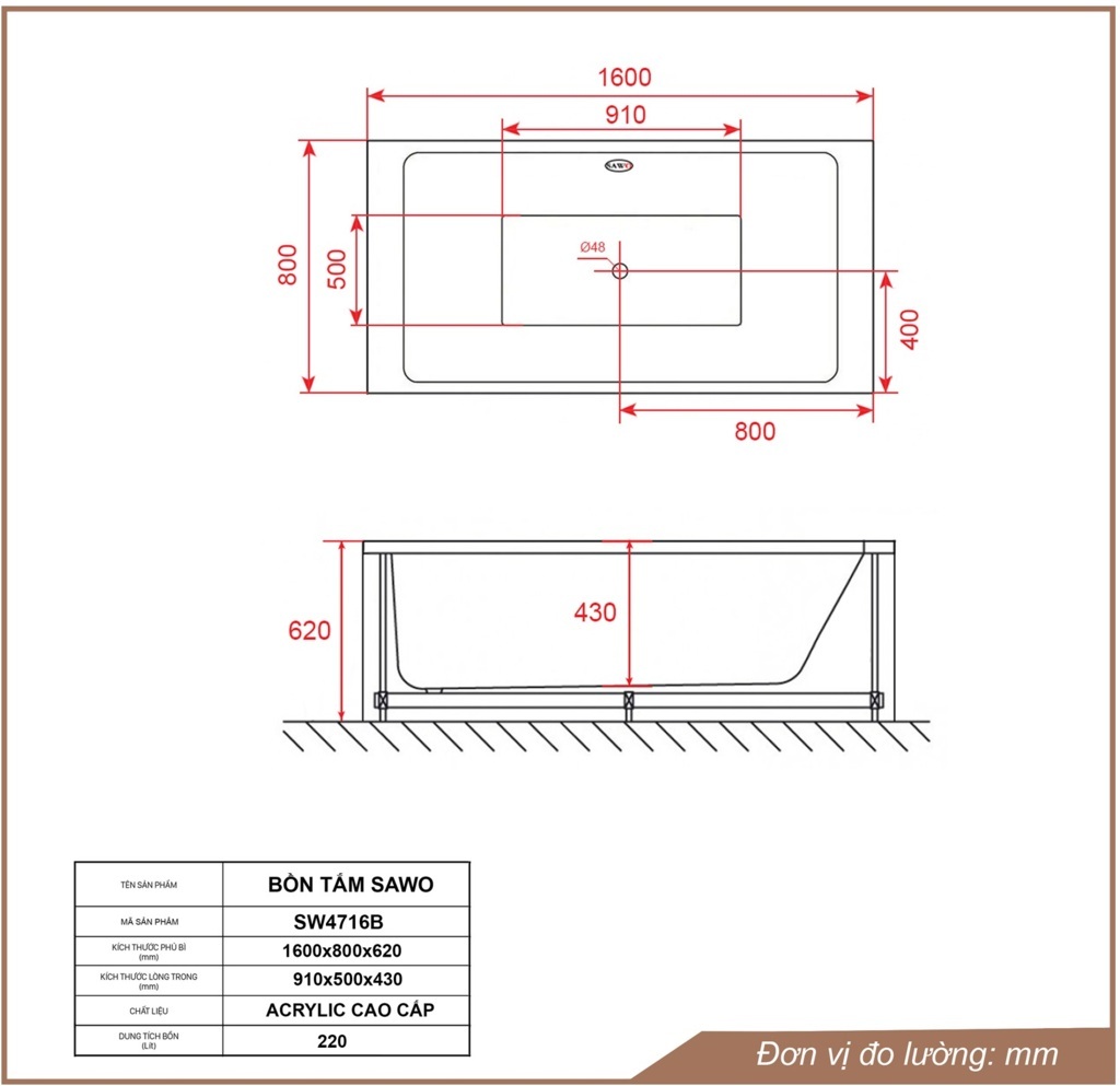 Bản vẽ bồn tắm ngâm acrylic Sawo SW4716B