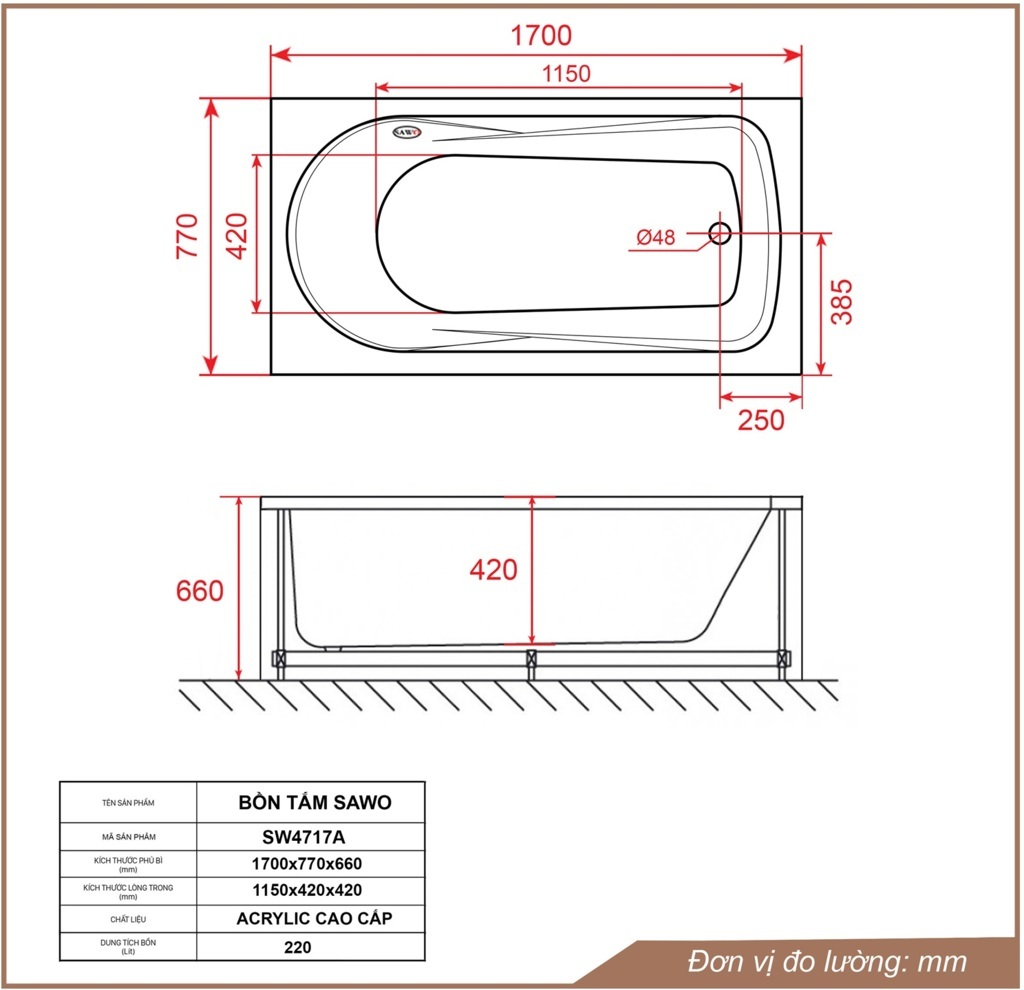 Bản vẽ bồn tắm ngâm acrylic Sawo SW4717A