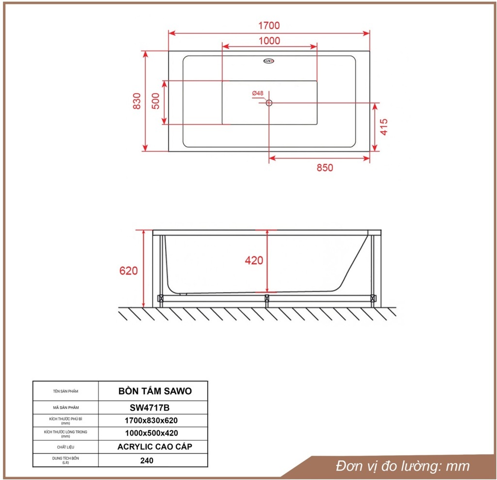 Bản vẽ bồn tắm ngâm acrylic Sawo SW4717B