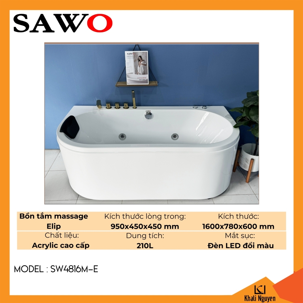 Bồn tắm massage Elip acrylic Sawo SW4816M-E