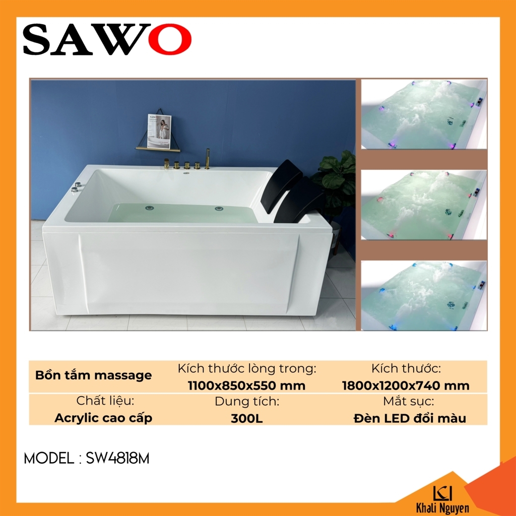 Bồn tắm massage cá heo acrylic Sawo SW4818M