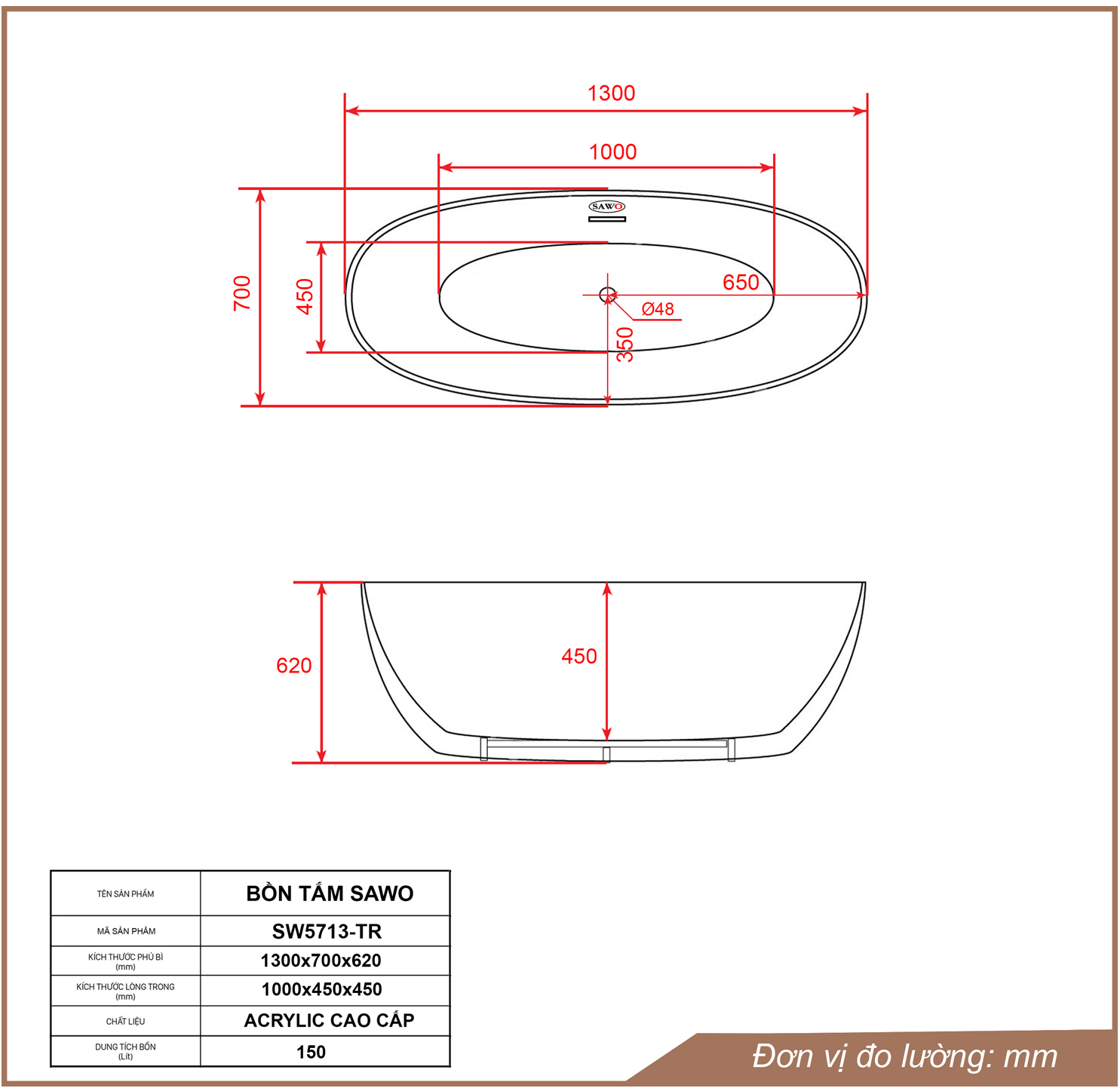 Bản vẽ bồn tắm ngâm oval trứng acrylic Sawo SW5713-TR