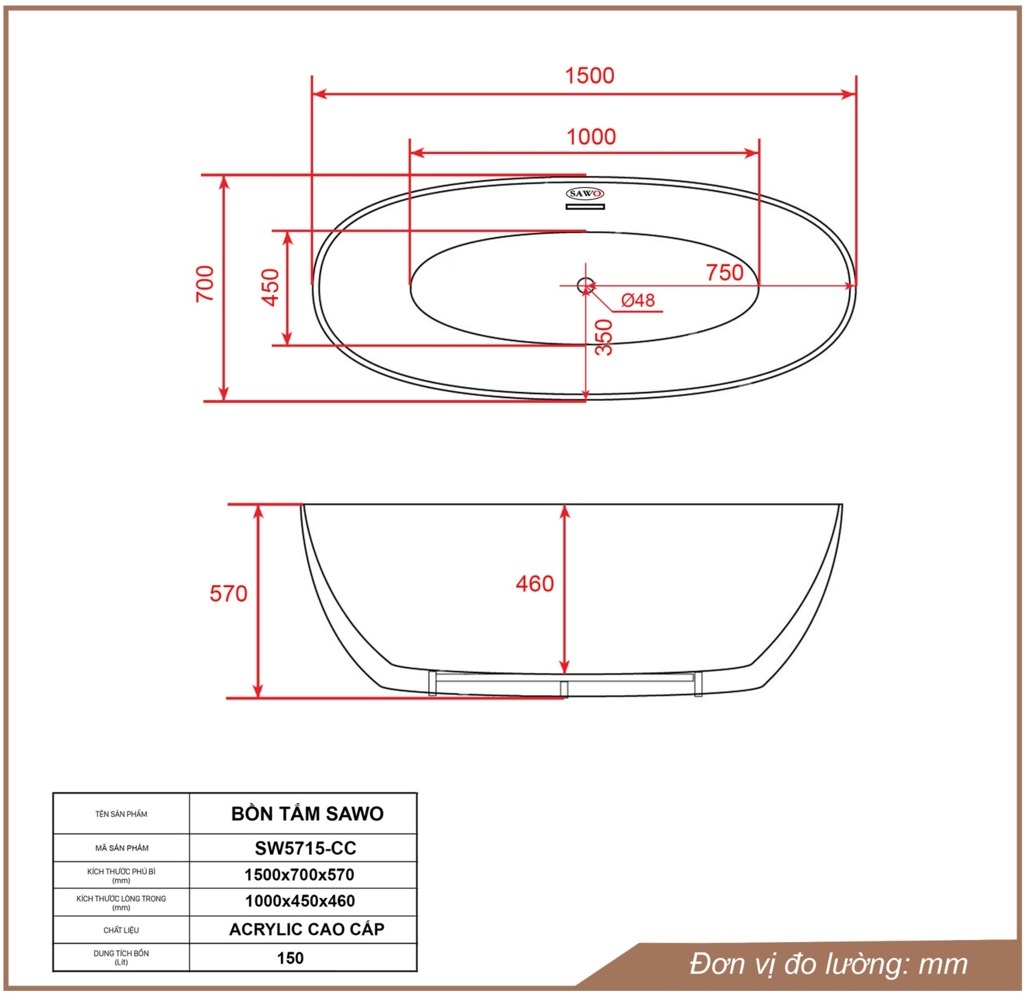 Bản vẽ bồn tắm ngâm oval trứng acrylic Sawo SW5715-CC