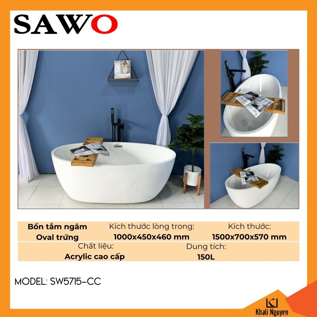 Bồn tắm ngâm oval trứng acrylic Sawo SW5715-CC