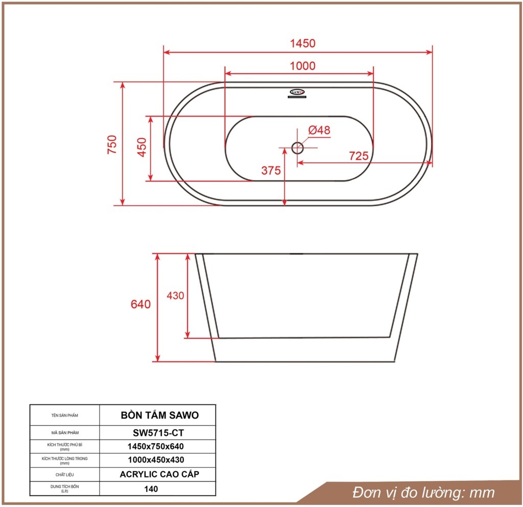 Bản vẽ bồn tắm ngâm oval cạnh thẳng acrylic Sawo SW5715-CT