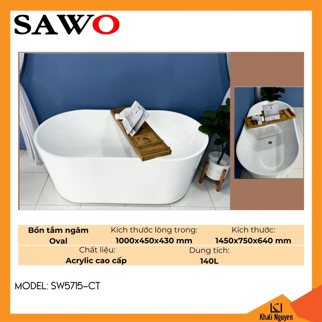 Bồn tắm ngâm oval cạnh thẳng acrylic Sawo SW5715-CT