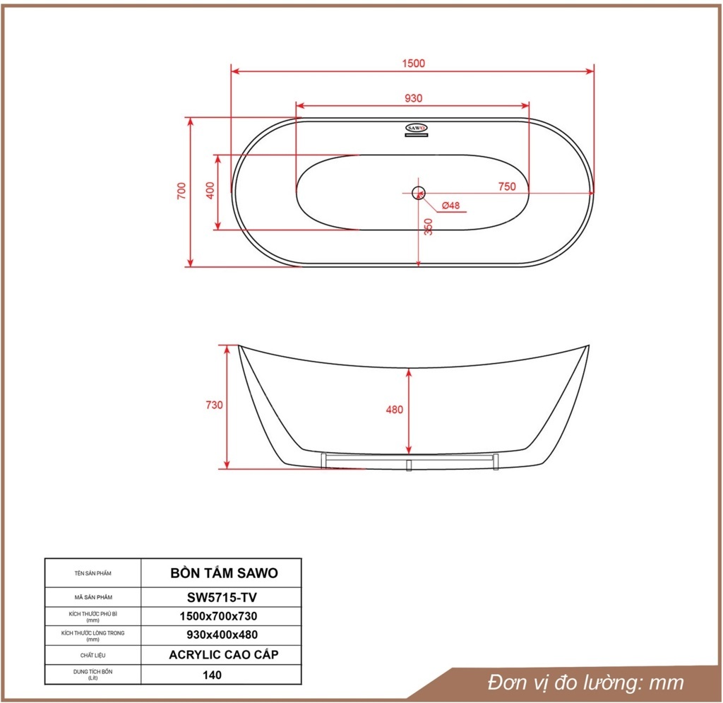 Bản vẽ bồn tắm ngâm acrylic Sawo SW5715-TV