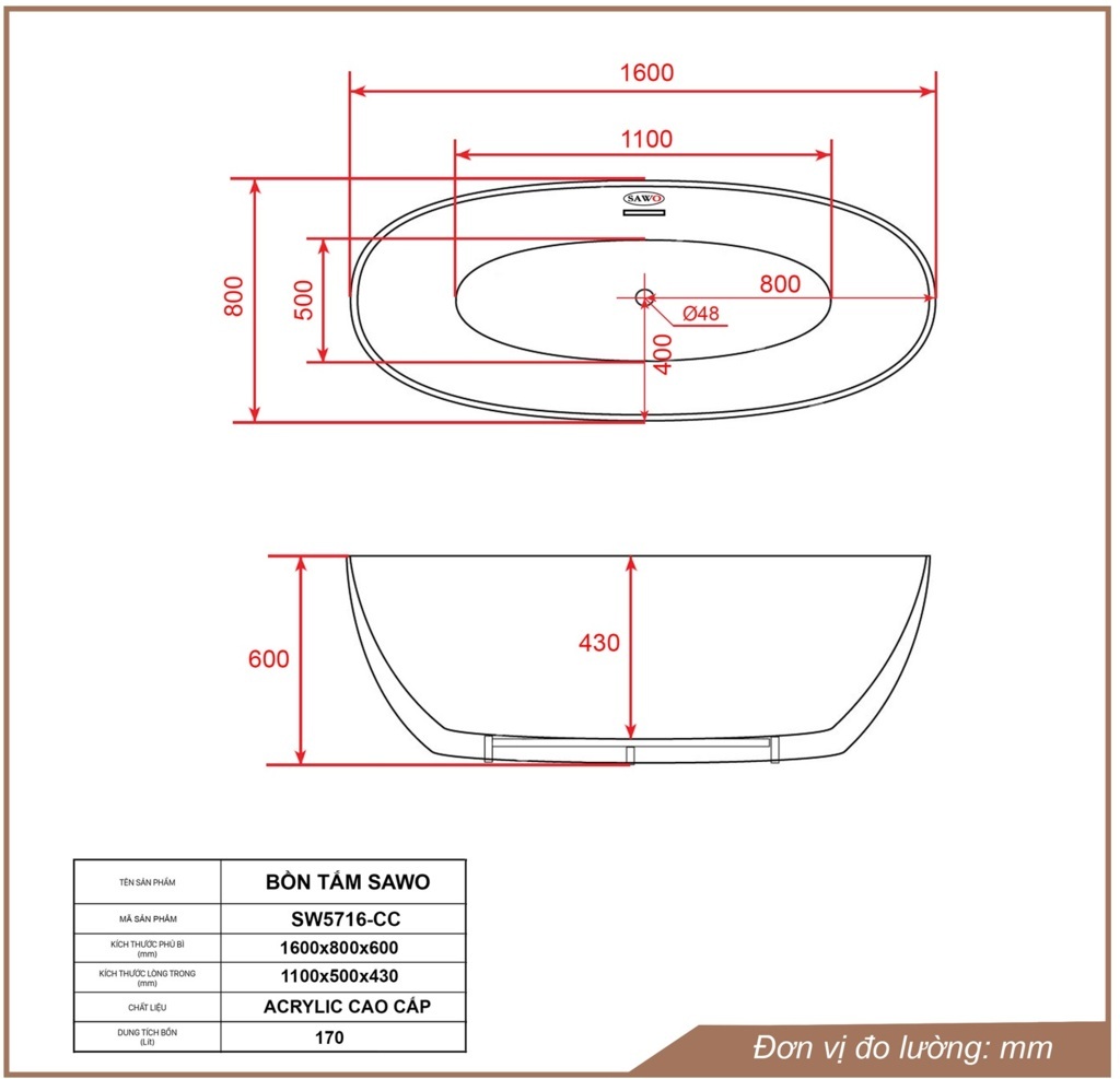 Bản vẽ bồn tắm ngâm acrylic Sawo SW5716-CC