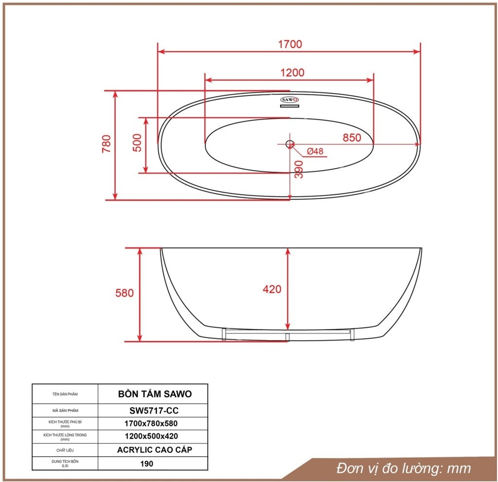 Bản vẽ bồn tắm ngâm acrylic Sawo SW5717-CC