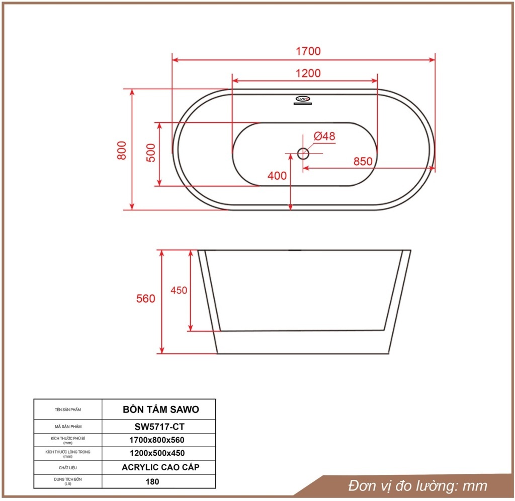 Bản vẽ bồn tắm ngâm acrylic Sawo SW5717-CT