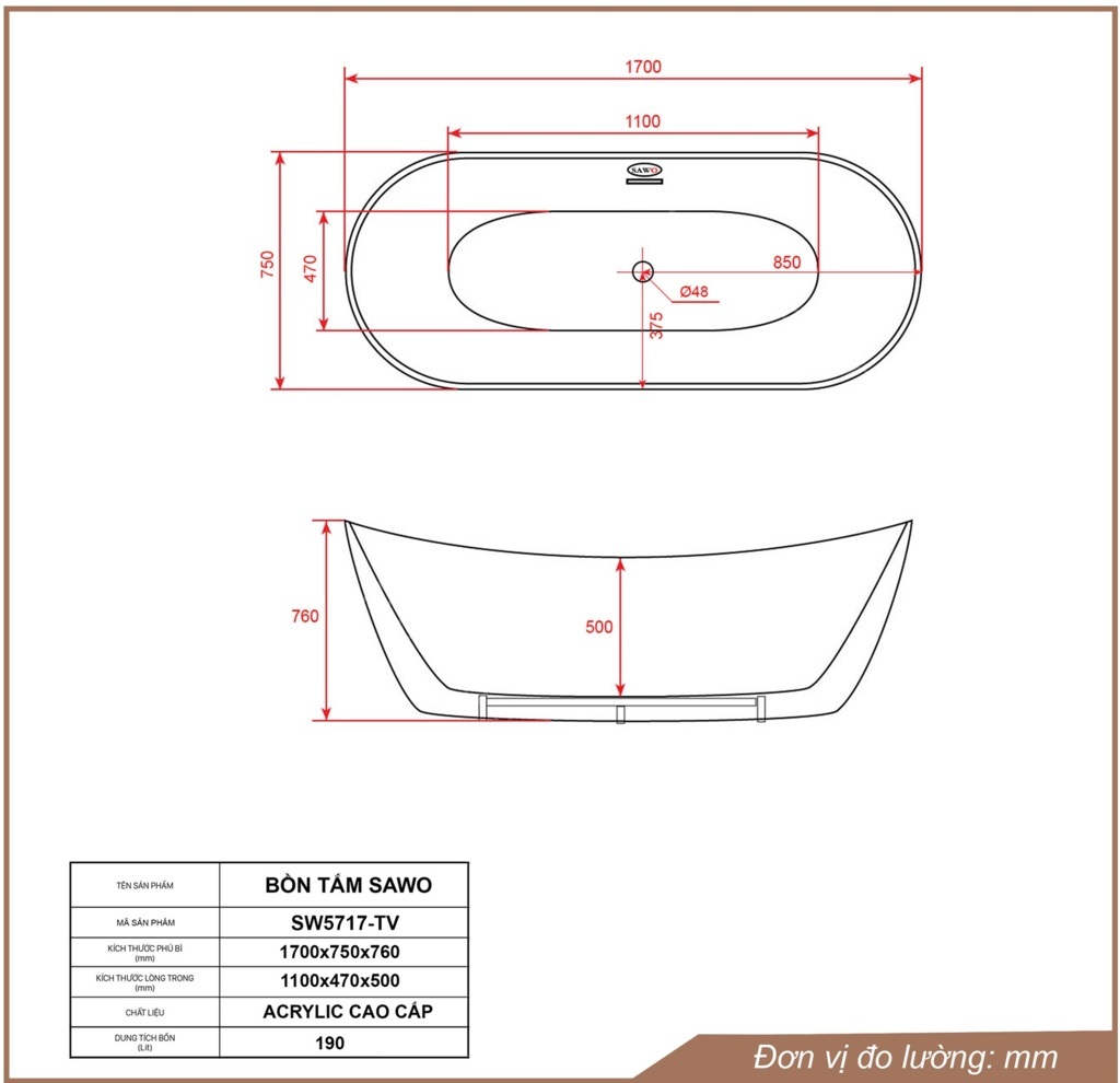 Bản vẽ bồn tắm ngâm acrylic Sawo SW5717-TV