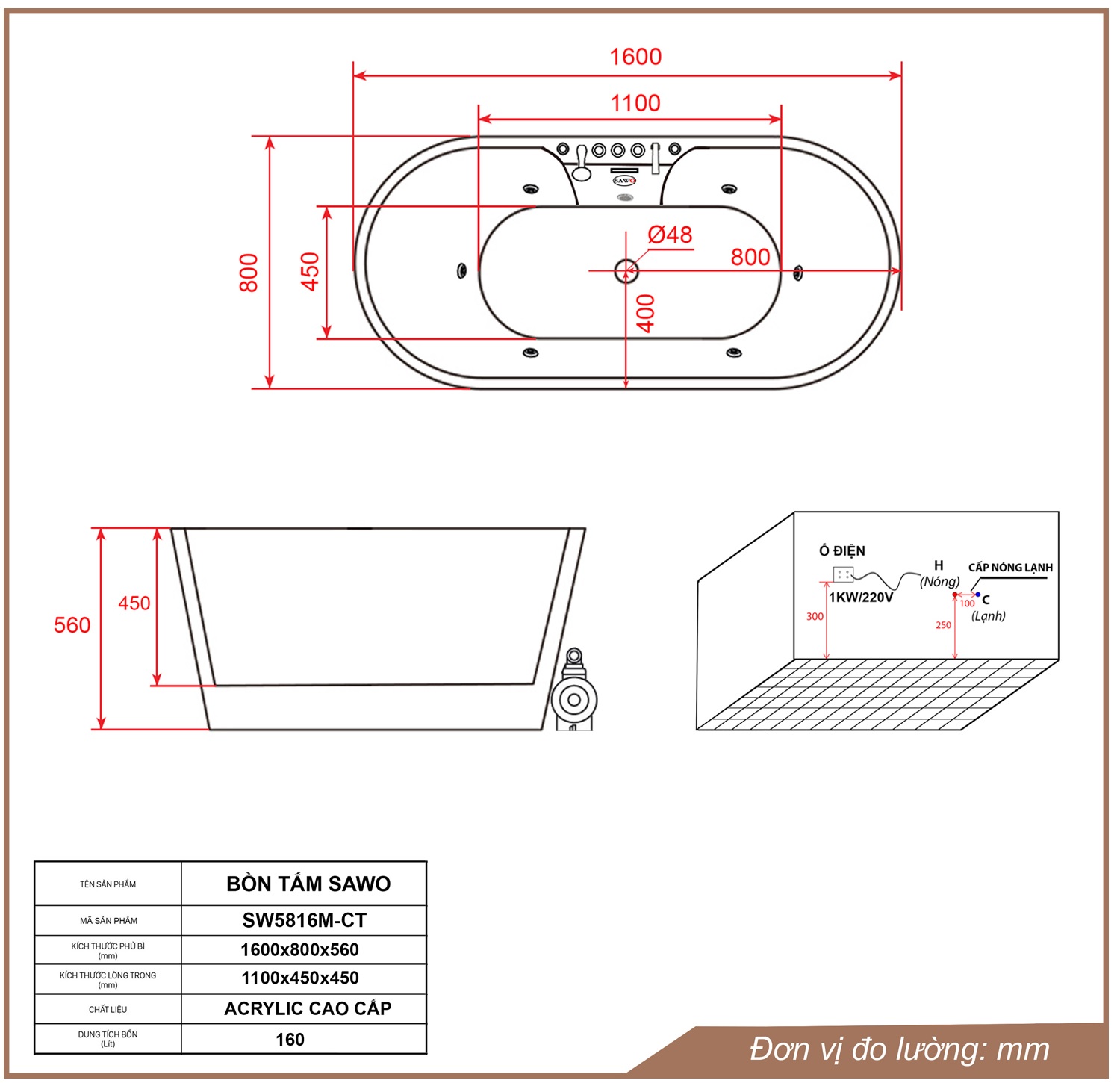 Bản vẽ bồn tắm massage Oval acrylic Sawo SW5816M-CT