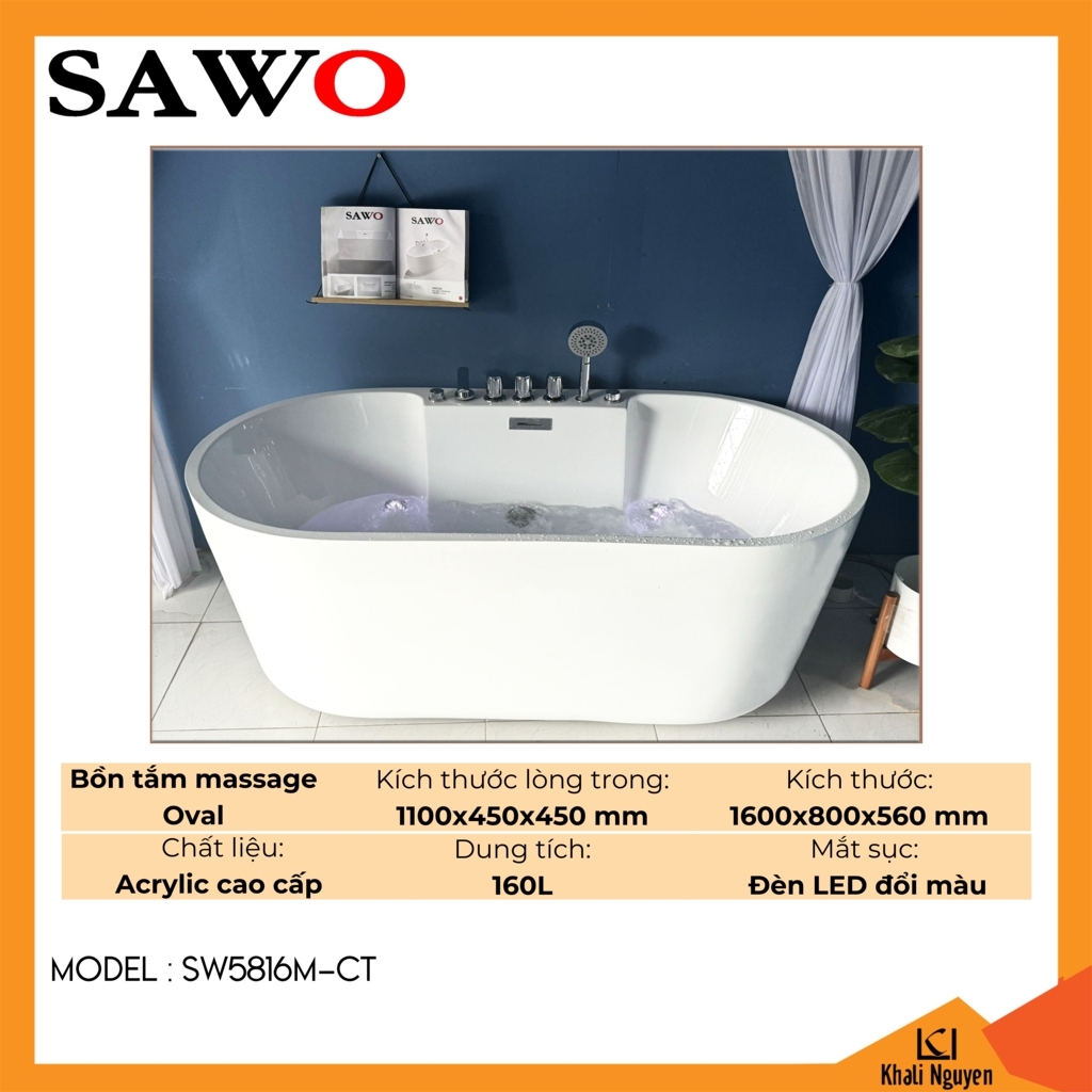 Bồn tắm massage Oval acrylic Sawo SW5816M-CT