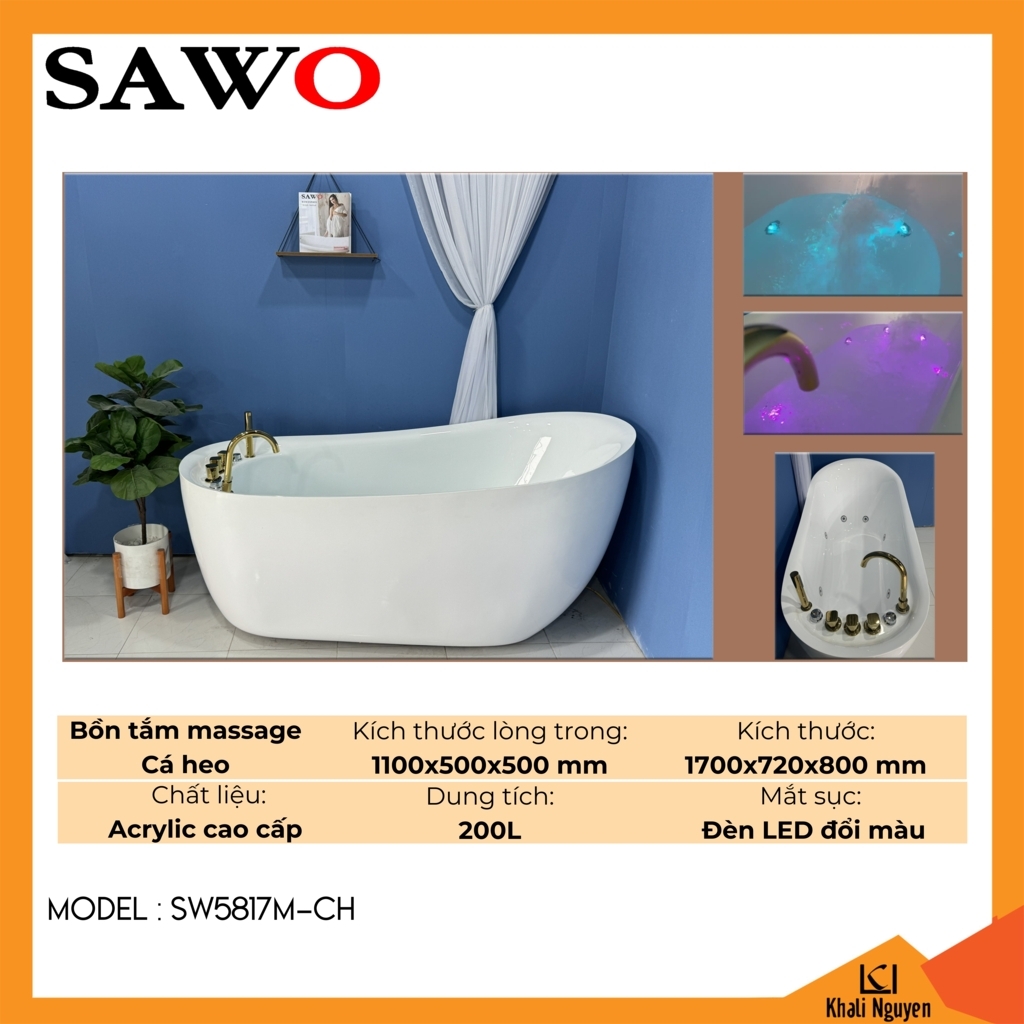 Bồn tắm massage cá heo acrylic Sawo SW5817M-CH