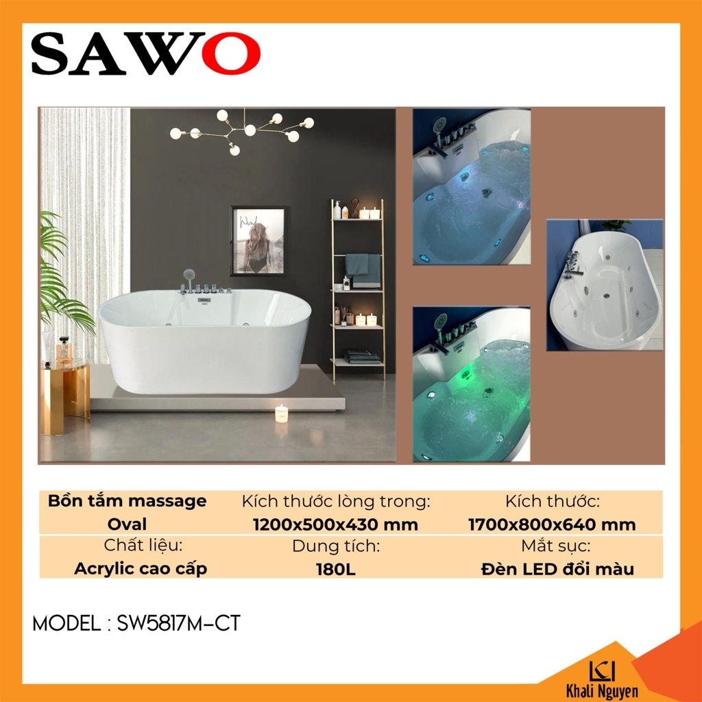 Bồn tắm massage Oval acrylic Sawo SW5817M-CT