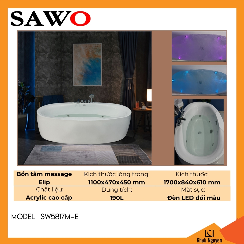 Bồn tắm massage Elip acrylic Sawo SW5817M-E