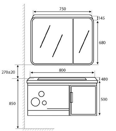Bản vẽ bộ tủ chậu lavabo kèm tủ gương Takoshi TKC8003