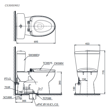 Bản Vẽ Bồn Cầu TOTO CS300DRE2 Hai Khối Nắp Cơ