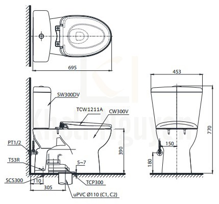 Bản Vẽ Bồn Cầu TOTO CS300DRE4 Hai Khối Nắp Cơ