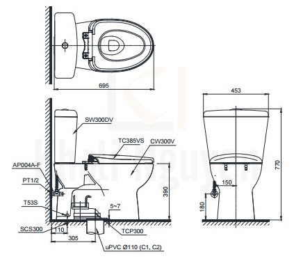 Bản Vẽ Bồn Cầu Hai Khối TOTO CS300DRT2 Nắp TC393VS