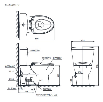 Bản Vẽ Bồn Cầu Hai Khối TOTO CS300DRT3 Nắp TC385VS