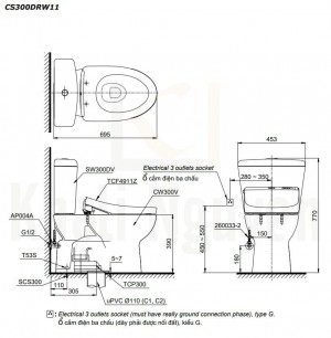 Bản Vẽ Bồn Cầu Hai Khối TOTO CS300DRW11 Nắp Rửa WASHLET