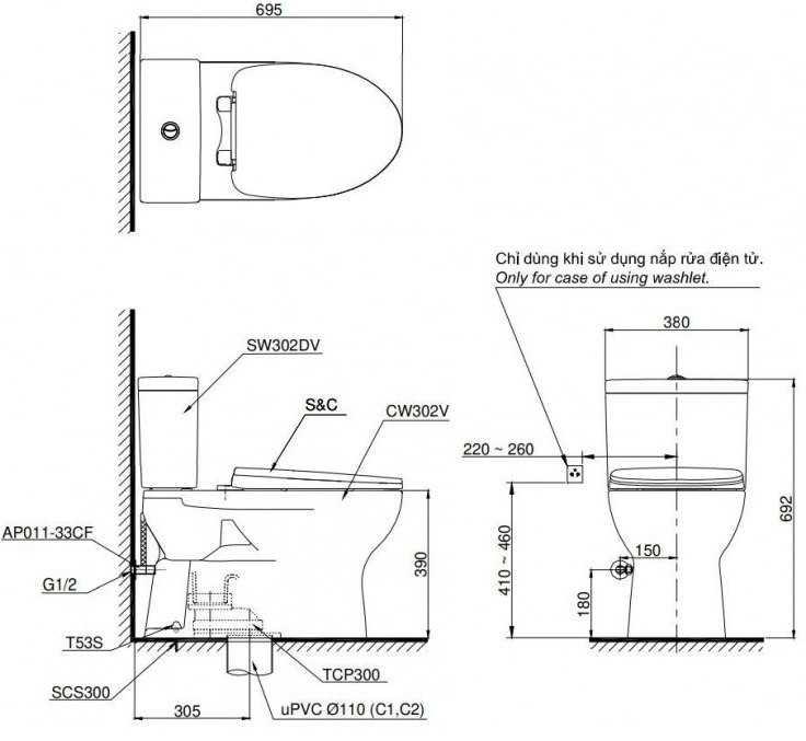 Bản vẽ bồn cầu TOTO 2 khối CS302DE2