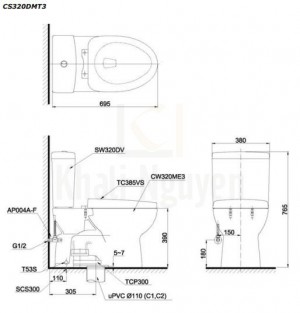 Bản Vẽ Bồn Cầu TOTO CS320DMT3 Hai Khối Nắp Đóng Êm TC385VS