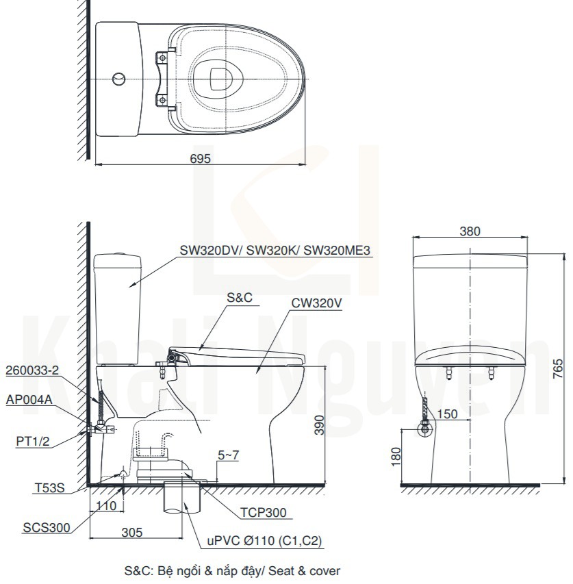 Bản Vẽ Bồn Cầu TOTO CS320DRE2 Hai Khối Nắp Cơ