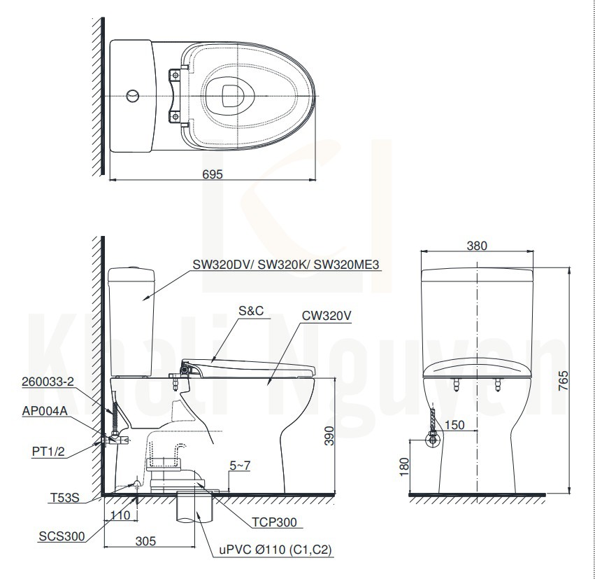 Bản Vẽ Bồn Cầu TOTO CS320DRE4 Hai Khối Nắp Cơ