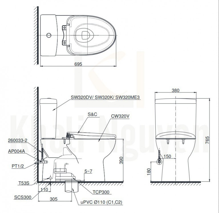 Bản Vẽ Bồn Cầu TOTO CS320DRE4 Hai Khối Nắp Cơ