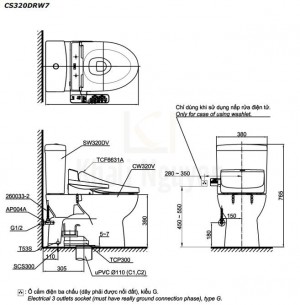 Bản Vẽ Bồn Cầu Điện Tử TOTO CS320DRW7 Nắp Rửa Washlet