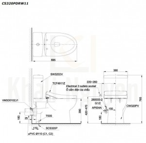 Bản Vẽ Bồn Cầu Hai Khối TOTO CS320PDRW11 Nắp Rửa WASHLET