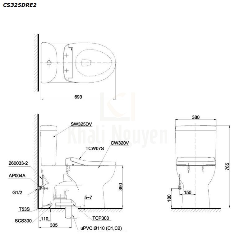 Bản Vẽ Bồn Cầu TOTO CS325DRE2 Hai Khối Nắp Cơ