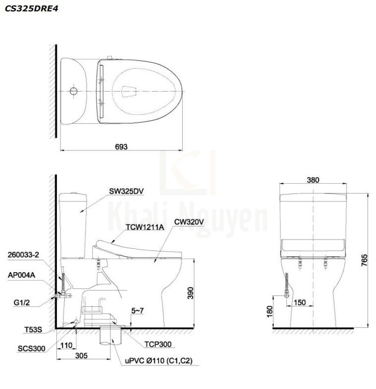 Bản Vẽ Bồn Cầu TOTO CS325DRE4 Hai Khối Nắp Cơ