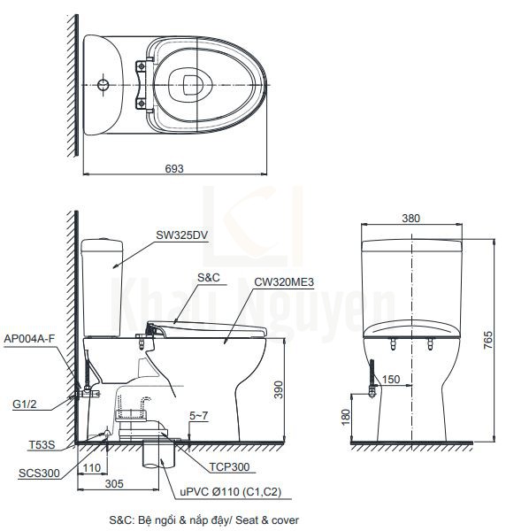 Bản Vẽ Bồn Cầu Hai Khối TOTO CS325DRT3 Nắp TC385VS