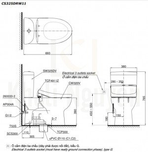 Bản Vẽ Bồn Cầu Hai Khối TOTO CS325DRW11 Nắp Rửa WASHLET