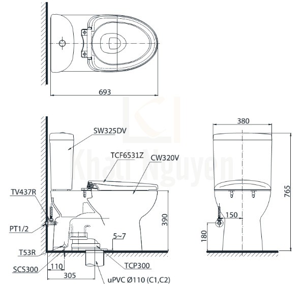Bản Vẽ Bồn Cầu Điện Tử TOTO CS325DRW6 Nắp Rửa Washlet