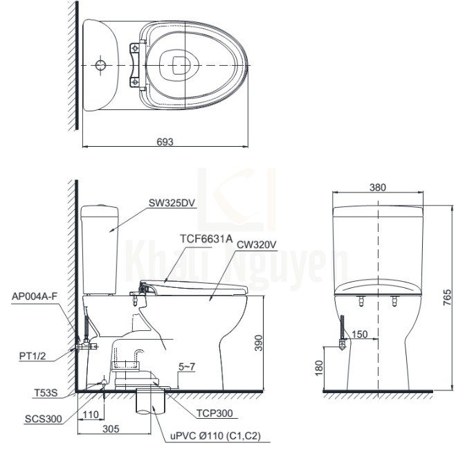 Bản Vẽ Bồn Cầu Điện Tử TOTO CS325DRW7 Nắp Rửa Washlet