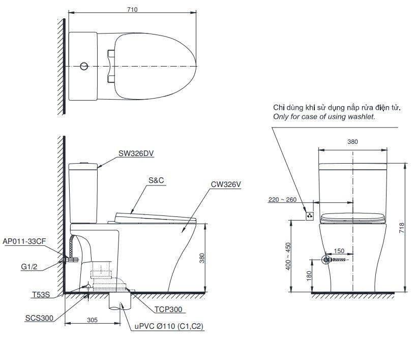 Bản Vẽ Bồn Cầu TOTO 2 Khối CS326DT10