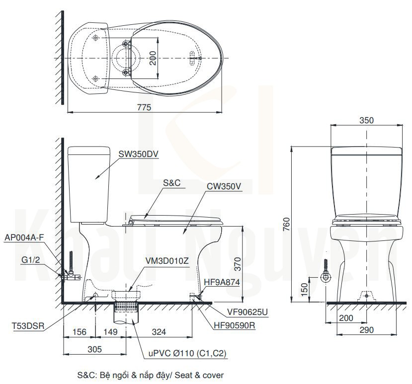 Bản Vẽ Bồn Cầu TOTO CS350DE4 Hai Khối Nắp Cơ
