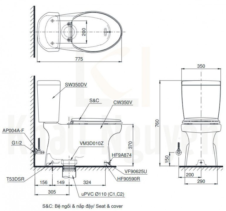 Bản Vẽ Bồn Cầu TOTO CS350DE4 Hai Khối Nắp Cơ