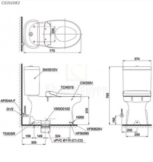 Bản Vẽ Bồn Cầu Hai Khối TOTO CS351DE2 Nắp Rửa TCW07S
