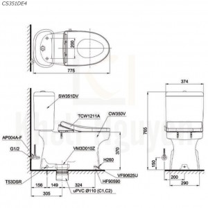Bản Vẽ Bồn Cầu Hai Khối TOTO CS351DE4 Nắp Rửa TCW1211A