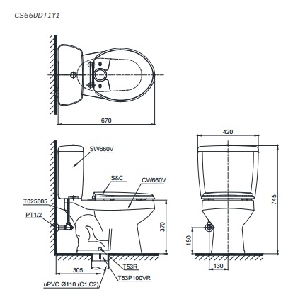 Bản Vẽ Bồn Cầu Hai Khối TOTO CS660DT1Y1 Nắp TC392VS