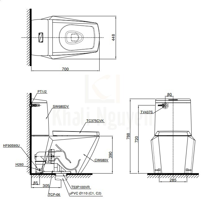 Bản Vẽ Bồn Cầu 2 Khối TOTO CS680DT4 Nắp TC375CVK